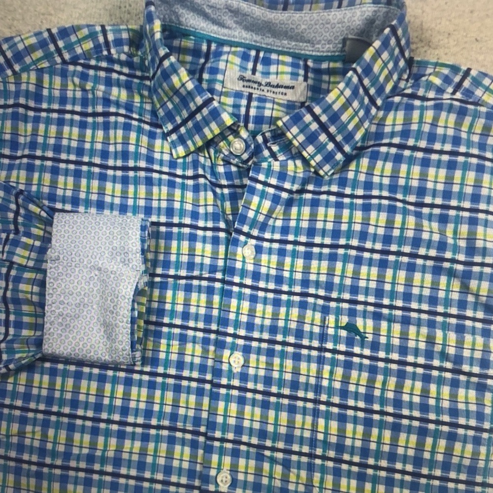 Tommy Bahama Blue, Green & White Plaid Button-Down Shirt